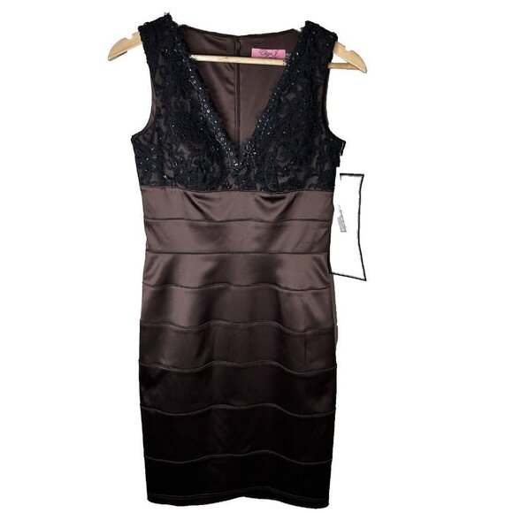 NEW Eliza J Brown Beaded Sleeveless V-neck Knee Length Lace Overlay Dress Sz 4 - Picture 1 of 14